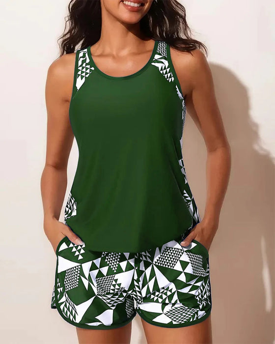 Strój Kąpielowy Tanktop Geometryczny Nadruk Dwuczęściowy