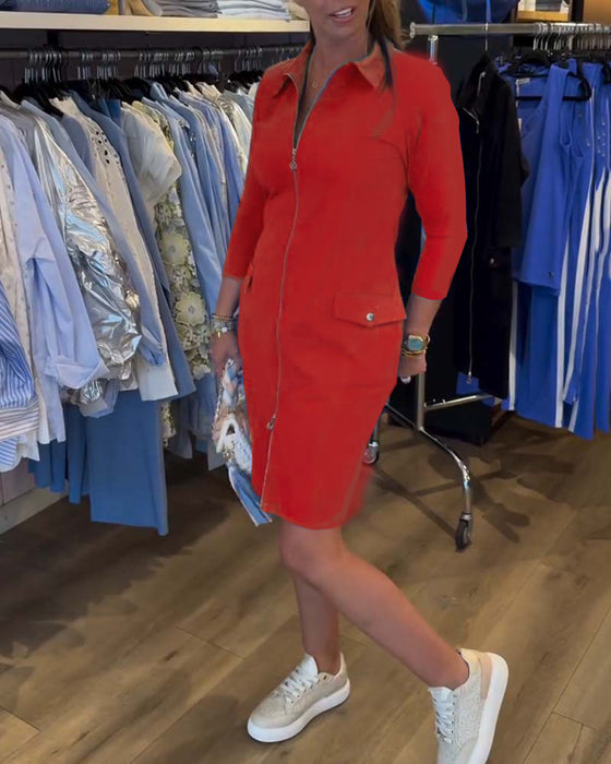 Sukienka Kołnierz Jednokolorowy Zamek Długi Rękaw