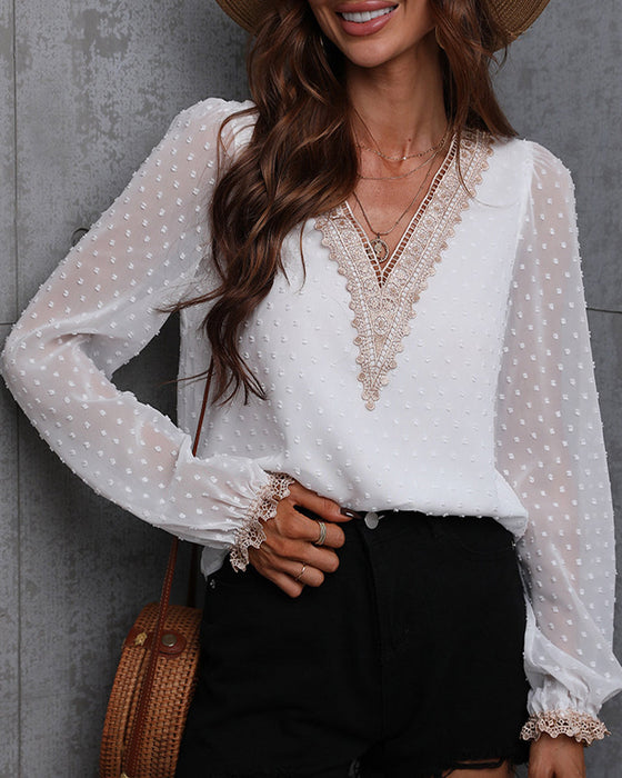 Koronkowa koszula z długim rękawem w jednolitym kolorze