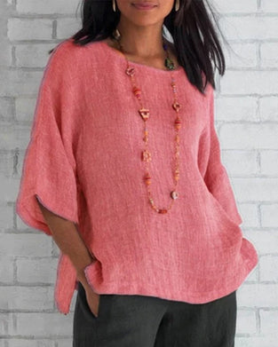 Jednokolorowa bluzka z okrągłym dekoltem i rękawami 3/4