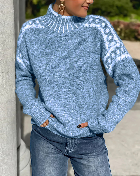 Sweter Wysoki Kołnierz Wzór Kontrast
