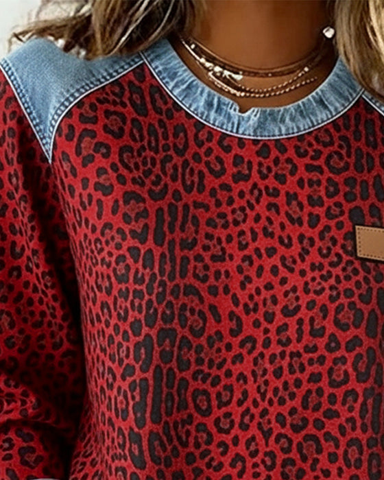 Bluza Leopardzi Print Dżins Patchwork