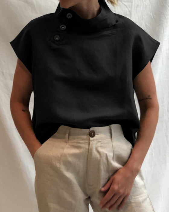 Bawełniano-lniany top ze stójką zapinany na guziki