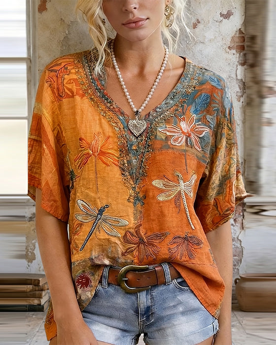Bluzka Vintage Wzór Ważka Casual