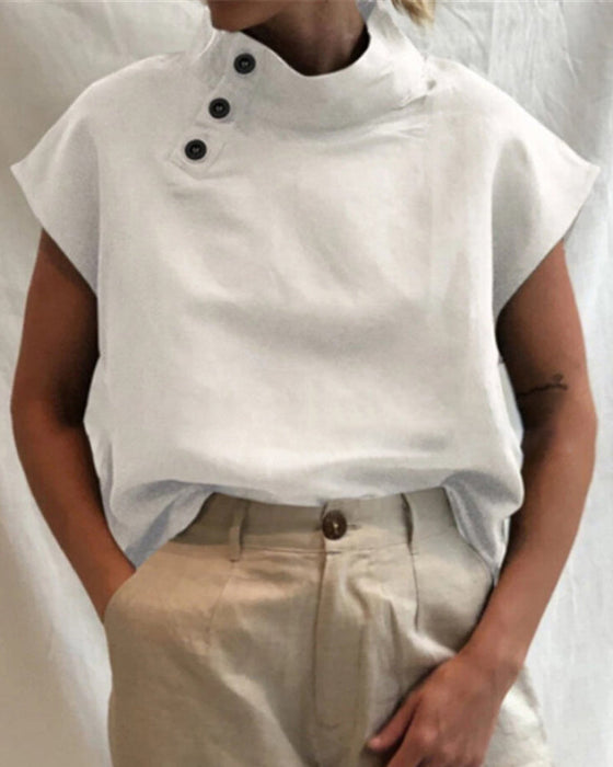 Bawełniano-lniany top ze stójką zapinany na guziki