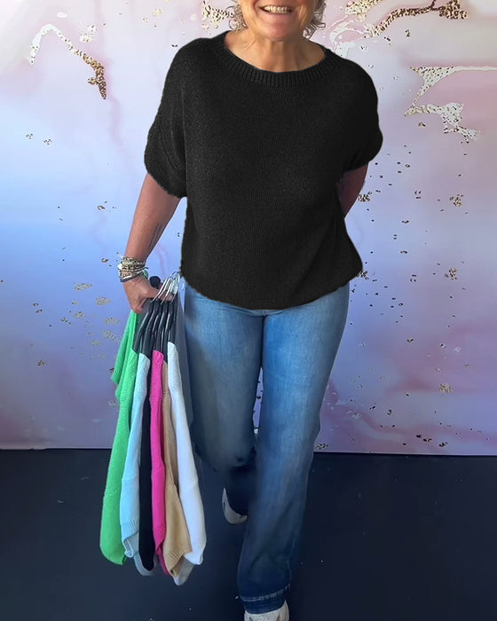 Luźny jednokolorowy swobodny sweter z okrągłym dekoltem