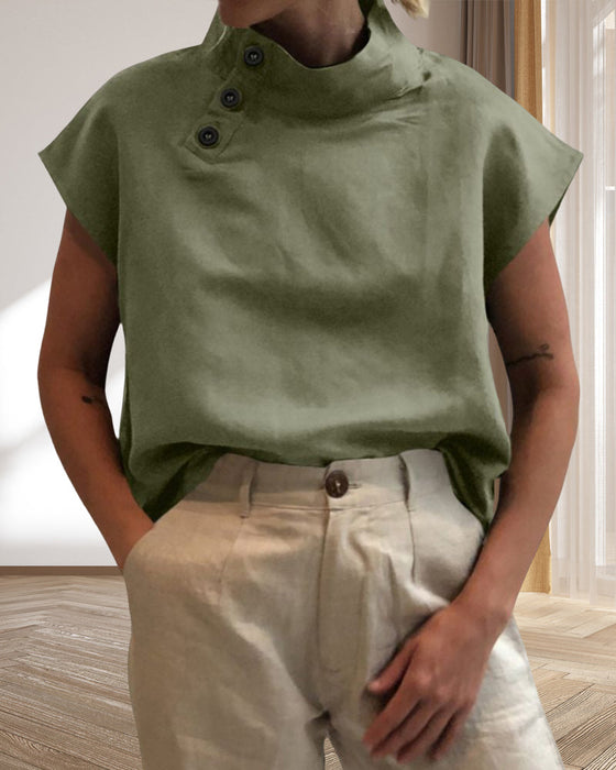 Bawełniano-lniany top ze stójką zapinany na guziki