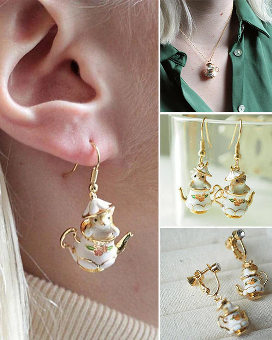 Zestaw kolczyki i zawieszka myszka w czajniczku