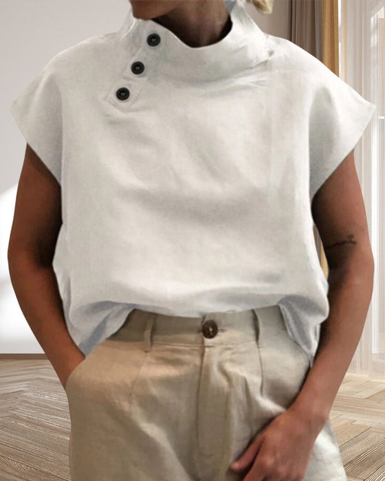 Bawełniano-lniany top ze stójką zapinany na guziki