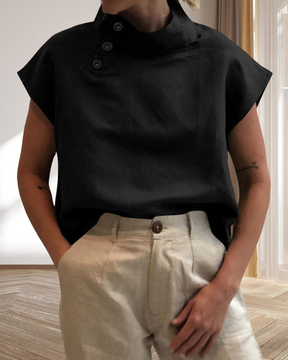 Bawełniano-lniany top ze stójką zapinany na guziki