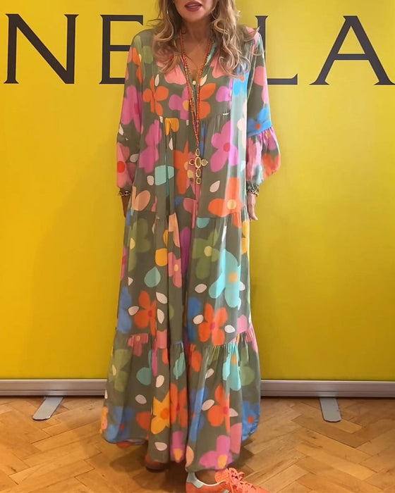 Sukienka na co dzień z kolorowym kwiatowym nadrukiem i rękawami dzwonkowymi