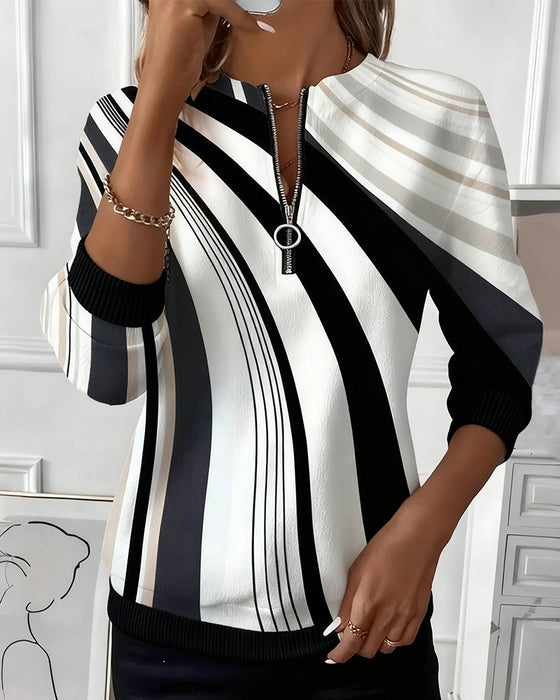 Koszulka swobodna z zamkiem błyskawicznym i geometrycznym nadrukiem