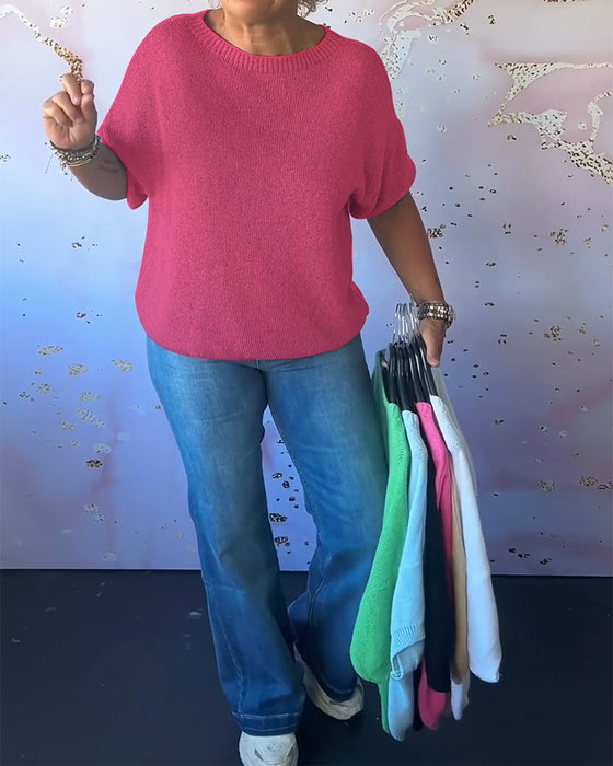 Luźny jednokolorowy swobodny sweter z okrągłym dekoltem