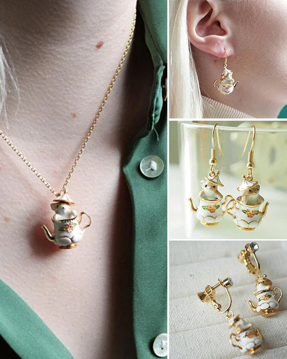 Zestaw kolczyki i zawieszka myszka w czajniczku