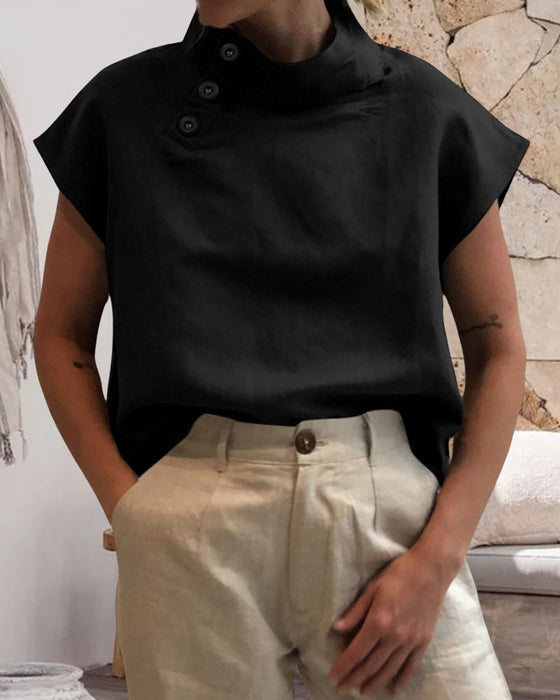 Bawełniano-lniany top ze stójką zapinany na guziki