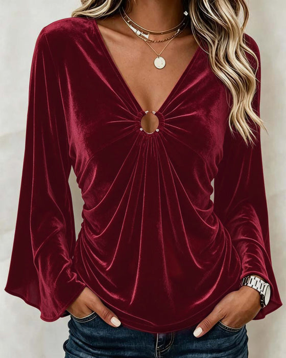 Bluzka Aksamit Dekolt W O-Ring Twist Rękaw Dzwon