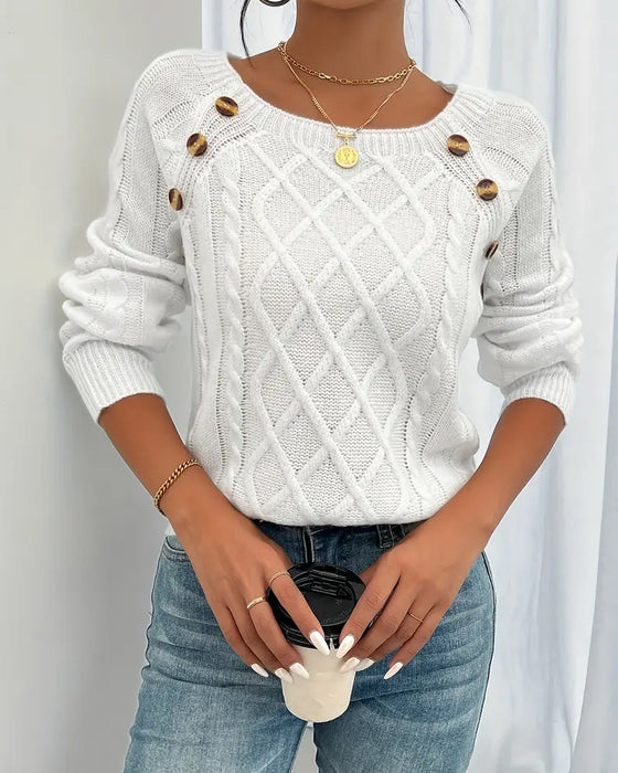 Sweter Jednokolorowy Rękaw Raglan Sprzączka Warkocz Ścieg
