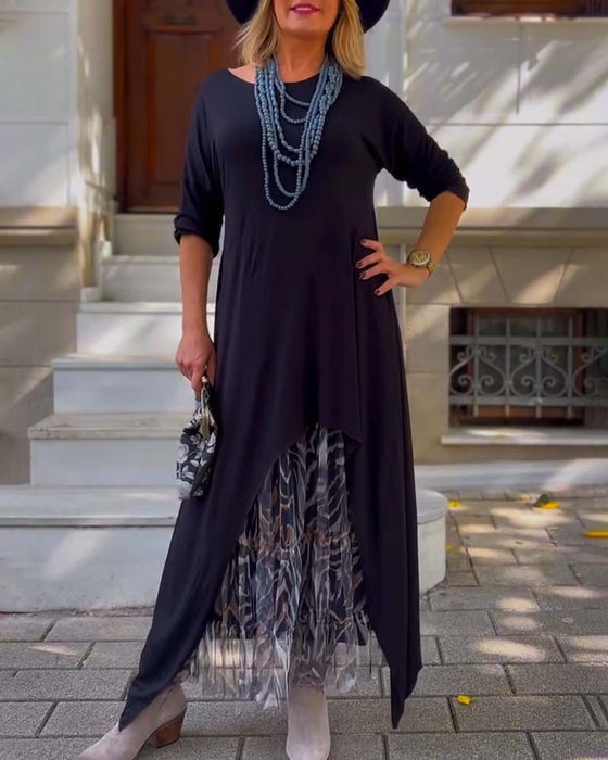 Sukienka Długi Rękaw Jednolity Kolor Nieregularny