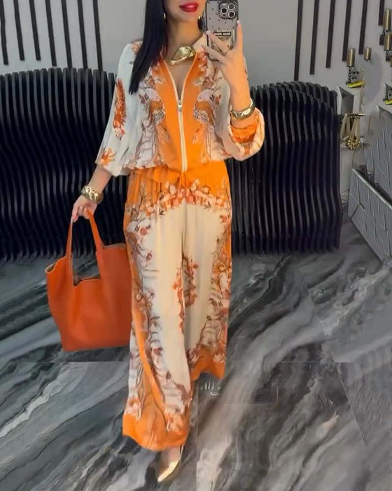 Garnitur o Szerokich Nogawkach Temperament Stójka Zamek Błyskawiczny