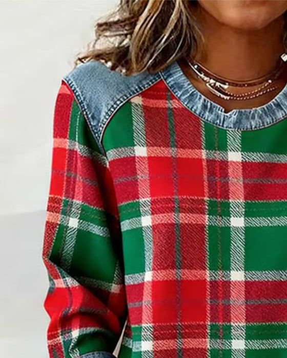 Modna Bluza W Kraciasty Patchwork