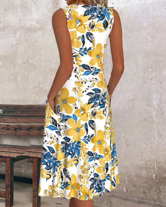 Sukienka bez rękawów z kwiatowym nadrukiem i kieszenią