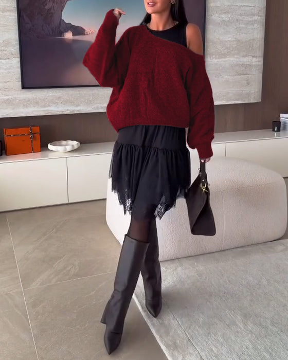 Off-Shoulder Luźny Sweter & Koronka Brzeg Sukienka