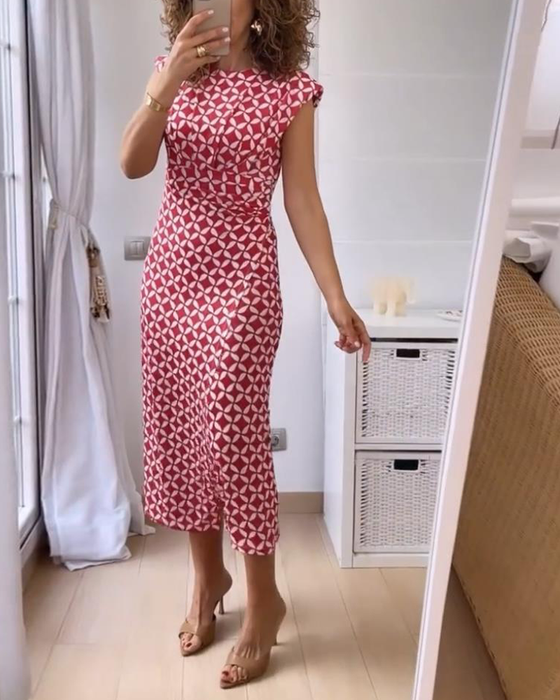 Elegancka sukienka bez rękawów z geometrycznym nadrukiem i okrągłym dekoltem