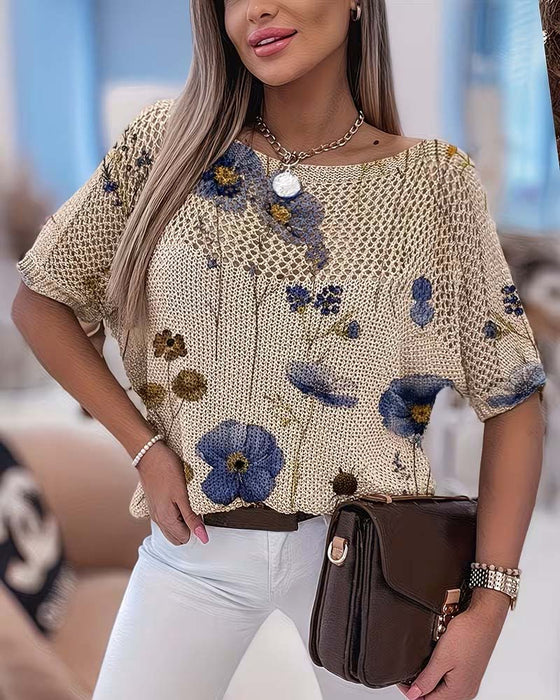 Pullover Okrągły Dekolt Kwiatowy Wycięcie Luźny