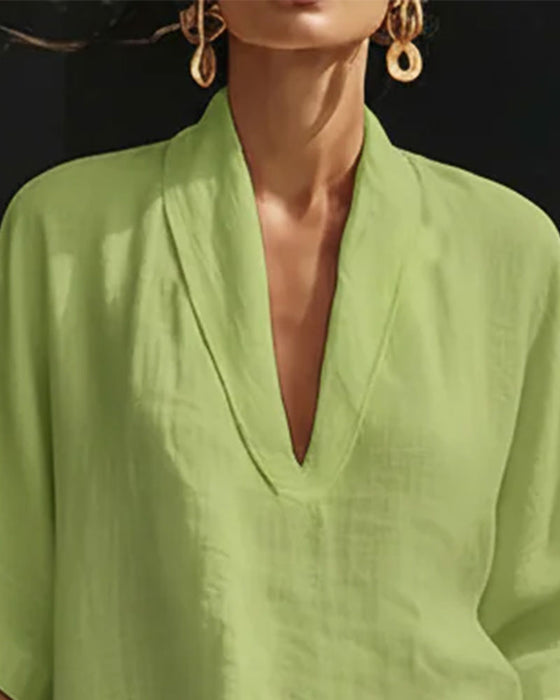 Komplet Dekolt W-Serek Krótki Rękaw Bawełna Len