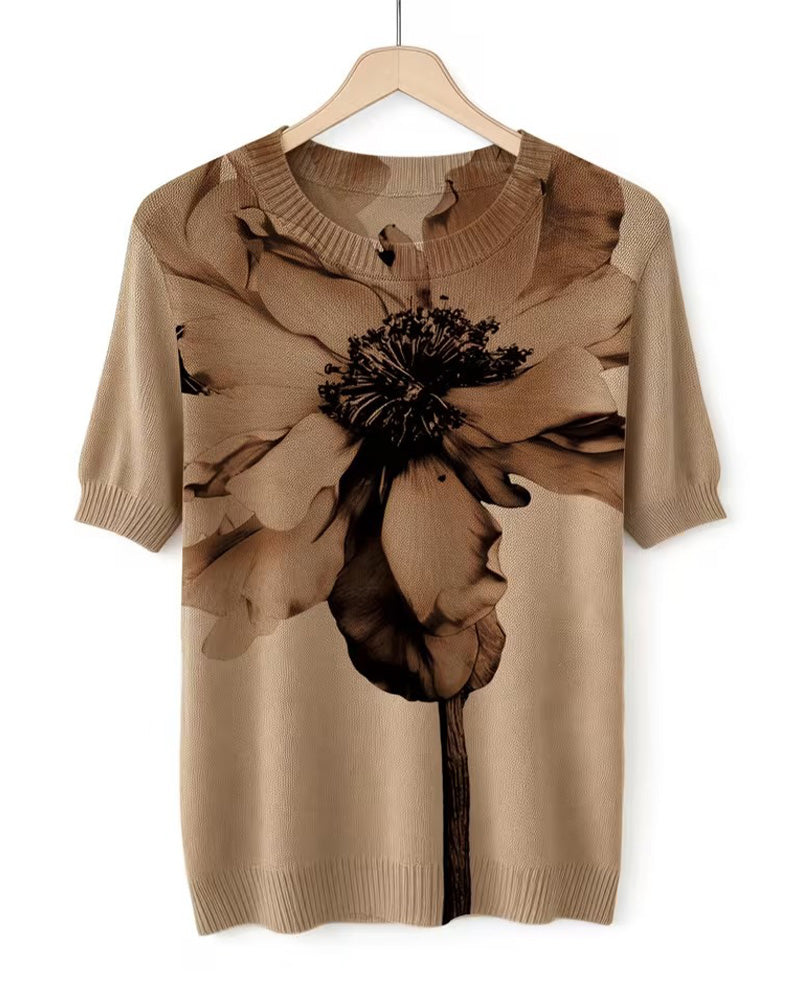 Sweter Kwiatowy Wzór Dzianinowy Krótki Rękaw