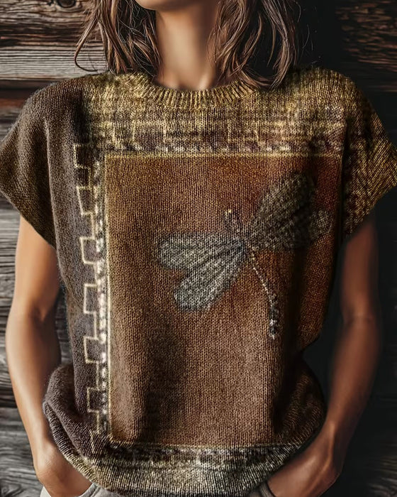 Sweter Wzór Ważka Okrągły Dekolt Krótki Rękaw