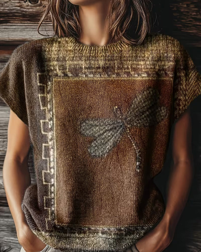 Sweter Wzór Ważka Okrągły Dekolt Krótki Rękaw
