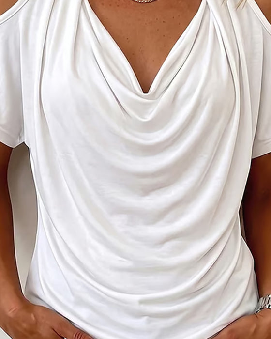 T-Shirt Halter Off-Shoulder Drapowany Krótki Rękaw