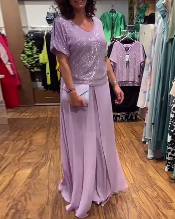 Luźna cekinowa bluzka z krótkim rękawem i dekoltem w kształcie litery V