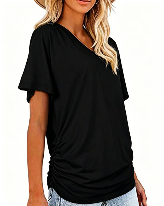T-Shirt Plisowany Jednokolorowy Dekolt W Serek