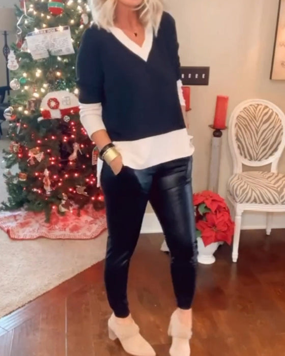 Bluzka z blokami kolorów i dekoltem w kształcie litery V