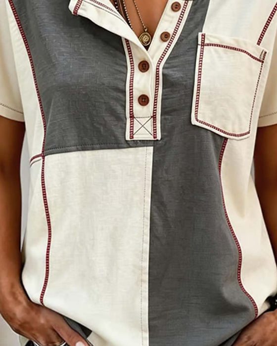 T-Shirt Kontrastowy Kolor Okrągły-Dekolt Guzik Patchwork