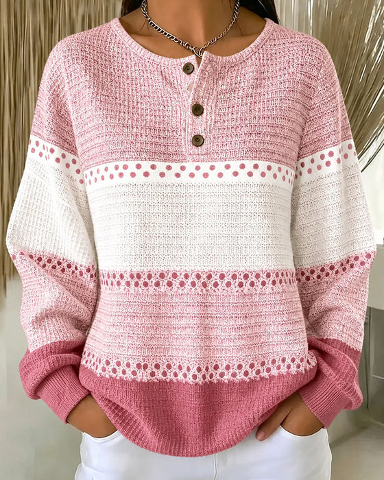 Bluza Blok Kolorów Dzianina Waflowa Henley Sweter
