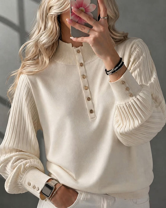 Pullover Golf Guzik Prążkowany Bufiaste Rękawy Sweter
