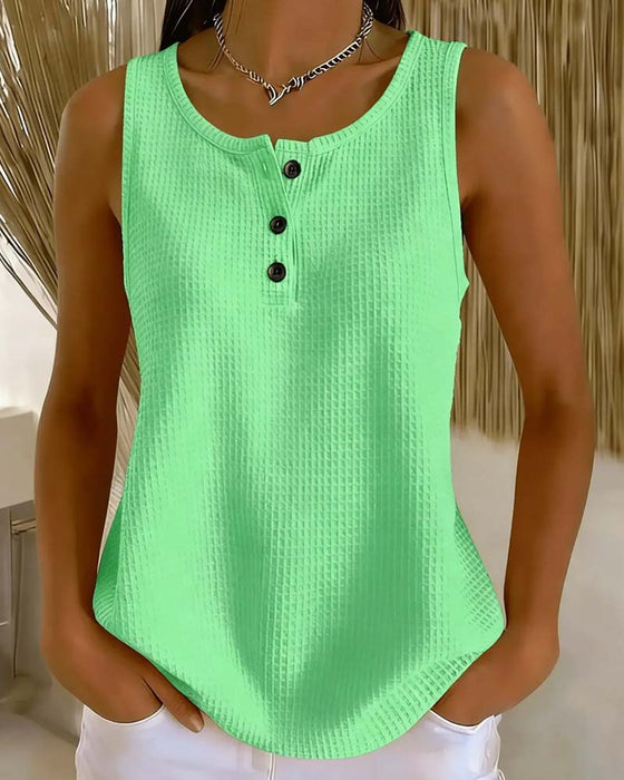Tank Top Okrągły Dekolt Bez Rękawów Wafel Guzik