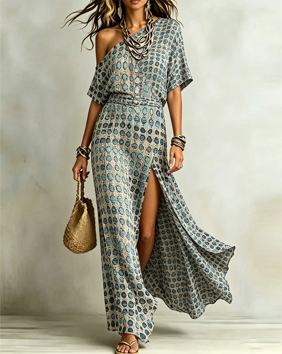 Sukienka Off-Ramię Polka Dot Rozcięcie