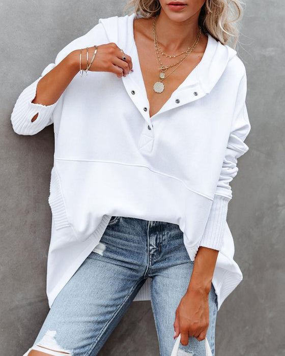 Bluza casualowa z dekoltem w serek, kapturem, jednolitym kolorem, luźna