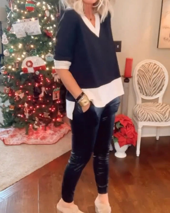 Bluzka z blokami kolorów i dekoltem w kształcie litery V