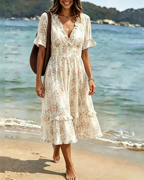 Sukienka Kwiatowy Ruffle V-Szyja Patchwork