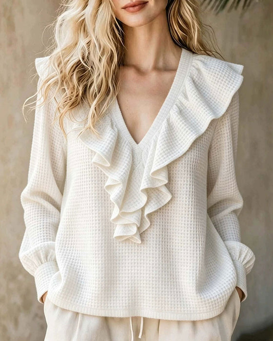 Bluse Vaffelstrik V-Hals Ruffle