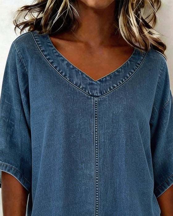 Top V-Dekolt Swobodny Denim