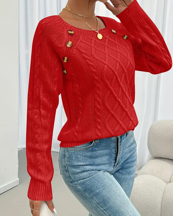 Sweter Jednokolorowy Rękaw Raglan Sprzączka Warkocz Ścieg
