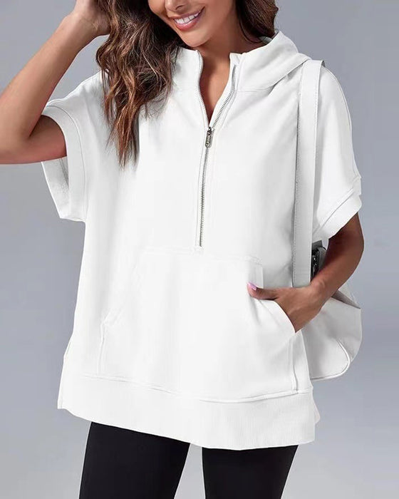Bluza Krótki Rękaw Częściowy Zamek Błyskawiczny Z Kapturem