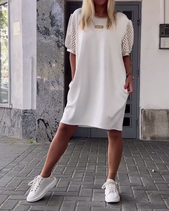Sukienka Okrągły Dekolt Ażurowa Prosta