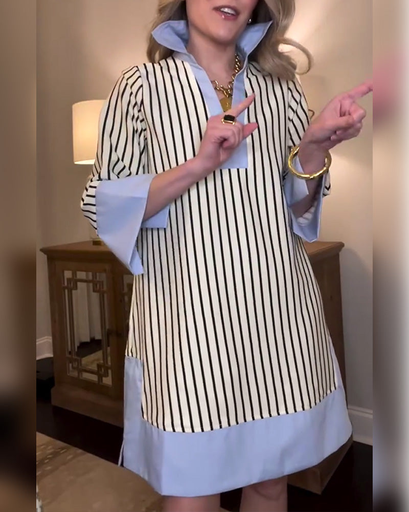 Sukienka W Paski Kolorowe Bloki Z Kołnierzykiem